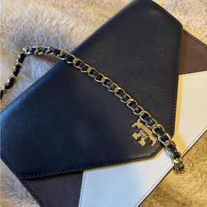 TORY BURCH KIRA COLOR BLOCK CLUTCH IVORY/RAISIN/NAVY